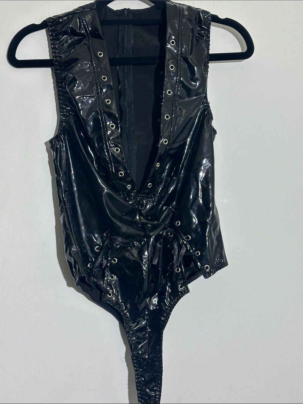 SHEIN Black Shiny Grommet Plunge Vinyl-Style Bodysuit